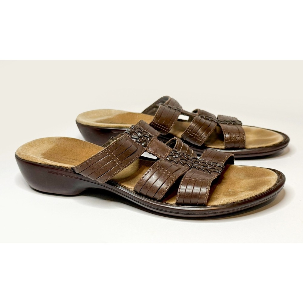 Clarks Brown Leather‎ Slide Sandals Women's 8M Woven Strap Comfort Cushioned